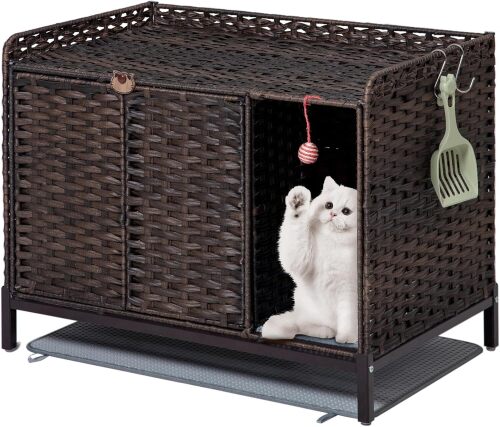 Litter Box Enclosure Furniture, Divider & Mat, PE Rattan, Natural
