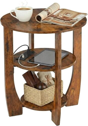 Round Side Table with Charging Station,19.7" D,Rustic Brown 3 Tier End Table with USB Ports & Outlets,19.7" Bedside Table for Bedroom,Living Room,Small Spaces,Wood Accent Table
