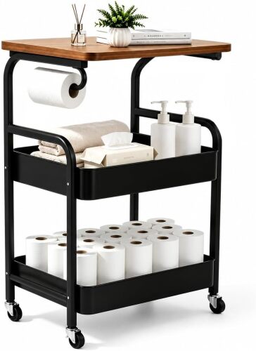 Freestanding Toilet Paper Holder with Storage | 3-Tier Cabinet with Tissue Holder & Mesh Basket | 360°Silent Wheels, Carbon Steel, Black