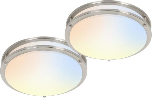hykolity 16 inch Dimmable LED Flush Mount Ceiling Light Fixture,2200LM 36W 2.7/3/3.5/4K/5K Adjustbale, 120°Light Angle, CRI90, Ceiling Lamp for Bedroom, Kitchen, Office,ETL Listed,Nickel,2Pack