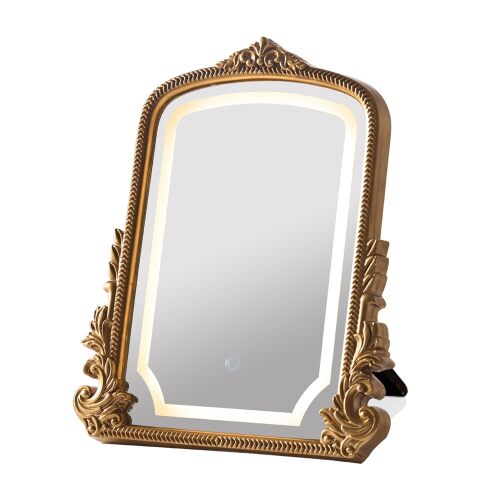 HSDDHOME Large 16x20 Vintage LED Vanity Mirror, Gold Arch Makeup Mirror 3-color dimmable lights; antique carved frame; large tabletop for wide dressers