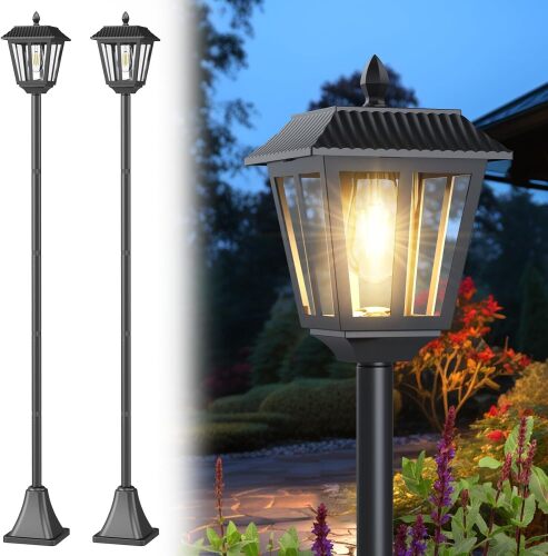 Greluna 68" Solar Lamp Post Lights 2Pack, Outdoor Post Lights Waterproof, Pole Lights Outdoor, Decorative Lamp for Garden, Patio, Lawn, Pathway, Driveway, Front/Back Door, Warm White (2)