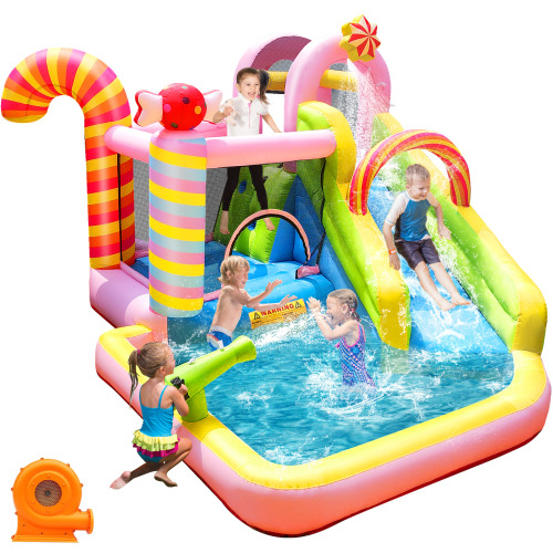 NBSPORT 6-in-1 Inflatable Bounce House & Water Slide Combo for Indoor & Outdoor, Sweet Candy Theme with Splash Pool, Slide and Air Blower