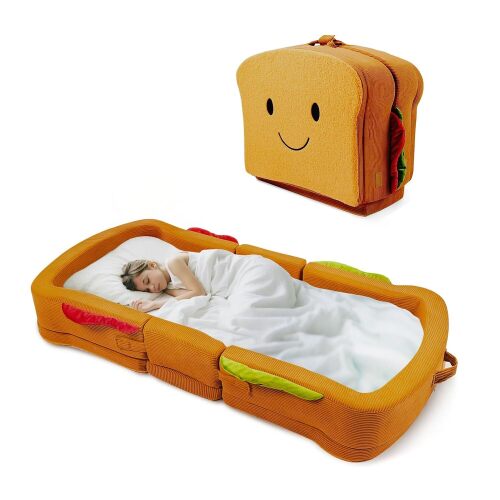 Toddler Travel Bed Sandwich Style - Portable Toddlers Floor Beds, Foldable Soft Foam Travel Crib for Baby and Kid, Washable Cover Toddler Cot with Safety Rail for Travel, Medium Size