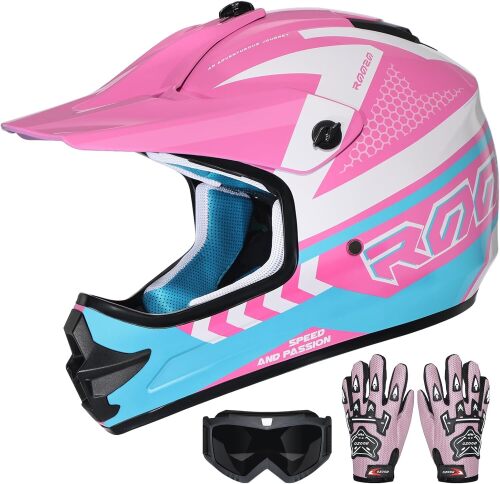 Youth Kids Dirt Bike Helmet DOT Approved, Full Face Motocross Set 4-in-1 set includes goggles gloves storage bag, ultra-light design, adjustable visor and washable liner for ATV UTV
