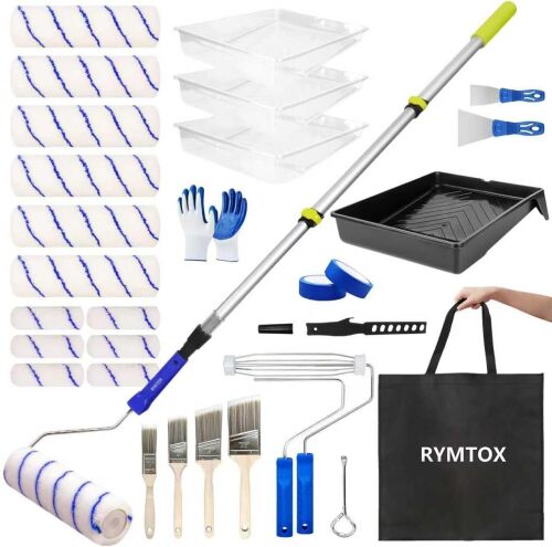 33PCS Complete Paint Roller Kit with Extension Pole & Carry Bag 2-4 FT Painting Supplies Set with 9" & 4" Microfiber Rollers, Brushes, Tray & Tape for Walls, Ceilings & DIY Room Repainting