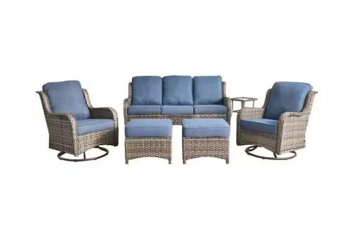 Moonlight Gray 6-Piece Wicker Patio Conversation Seating Sofa Set with Denim Blue Cushions and Swivel Rocking Chairs