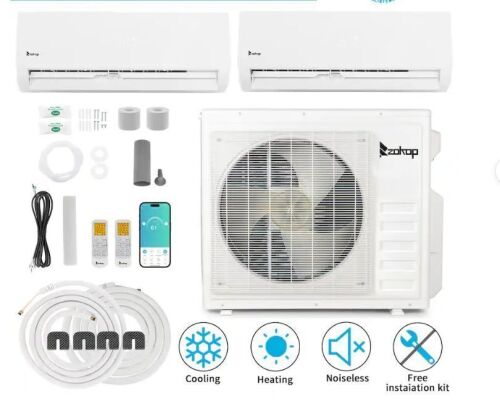 ZOKOP 2 Zone 12000 + 18000 / 28000 BTU 20 SEER2 230V Mini Split AC with Heat Pump & 25Ft Kit