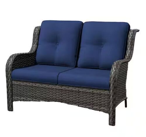 Brown Wicker Outdoor Couch Patio Loveseat Deep Seating with Blue Cushions
