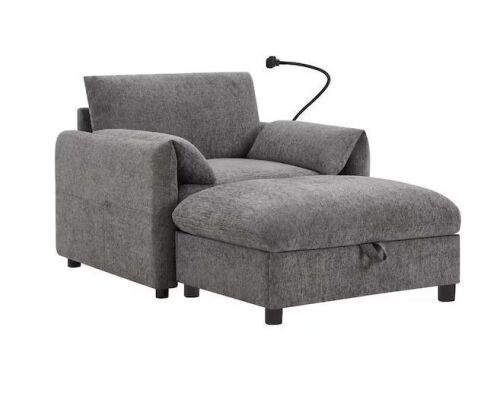 Gray Chenille Arm Chair with Storage Ottoman, Adjustable Phone Holder, Dual-Port Charger and Storage Pockets