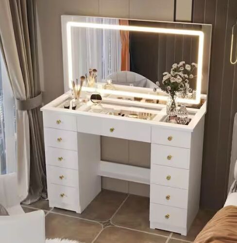 FUFU&GAGA White Makeup Vanity Desk 11-Drawer with Big Lighted Mirror, Glass Top