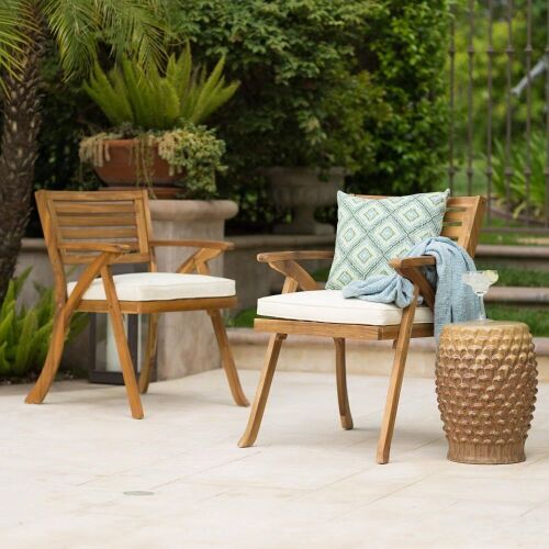 Teak Brown Finish Patio Dining Chairs with Cream Cushions, Set of 2