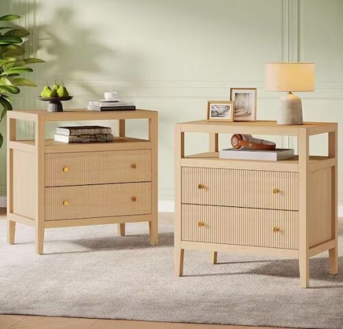 BYBLIGHT Fenley Oak 2-Drawer 29.52 in. W Wood Nightstands with Storage, 2PCS