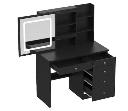 FUFU&GAGA 5-Drawers Black Wood LED Push-Pull Mirror Makeup Vanity Set with Stool and 3-Tier Storage Shelves