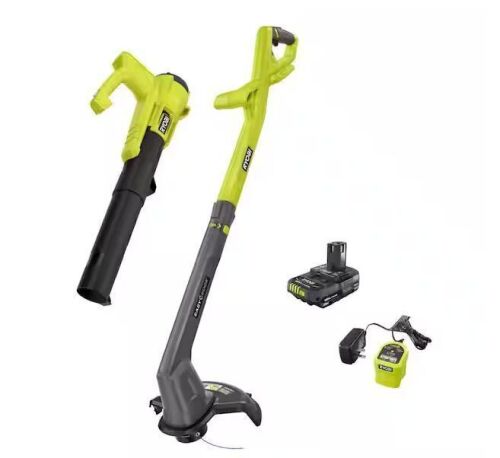 RYOBI ONE+ 18V Cordless String Trimmer/Edger and Blower/Sweeper Combo Kit (2-Tools) with 2.0 Ah Battery and Charger