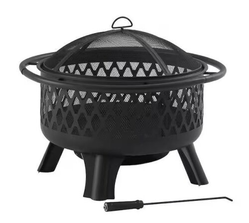 Hampton Bay Piedmont 29.6 in. W Black Steel Wood Outdoor Fire Pit with Screen and Poker Included