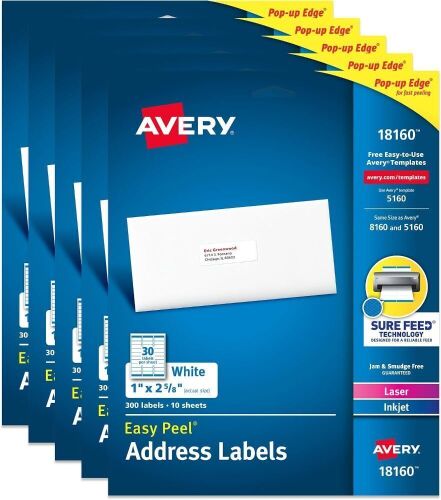 Avery Easy Peel Printable Address Labels, 1" x 2-5/8", 300 Labels, 5 Pack