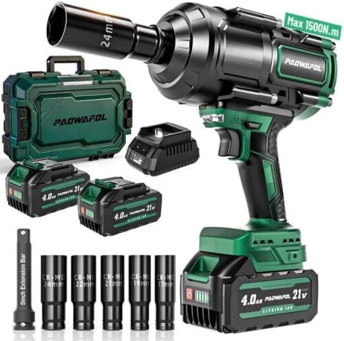 1106ft-lbs(1500N.m) High Torque 1/2 Impact Gun with 21V 2x4.0AH Battery, Fast Charger & 5 Sockets, 3500IPM