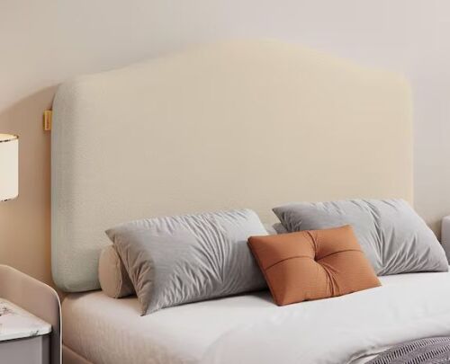 PINMOCO Beige Curved Upholstered Headboard with Adjustable Height and Easy Plug-in Mount, Scratch-Resistant Towel Velvet, Twin