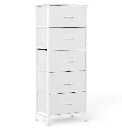 White 5 Drawer 11.8 in. Wide Chest of Drawers with Wood Top Organizer & Removable Fabric Bins