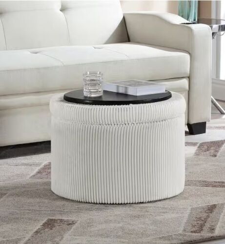 Convenience Concepts Designs4Comfort Ivory Polyester Corduroy Storage Ottoman with Reversible Tray Table Lid