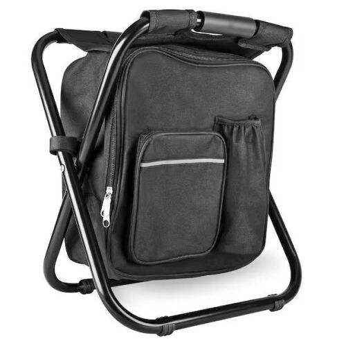 Black Metal Folding Stool Backpack Insulated Cooler Bag Camping Hunting Fishing Chair