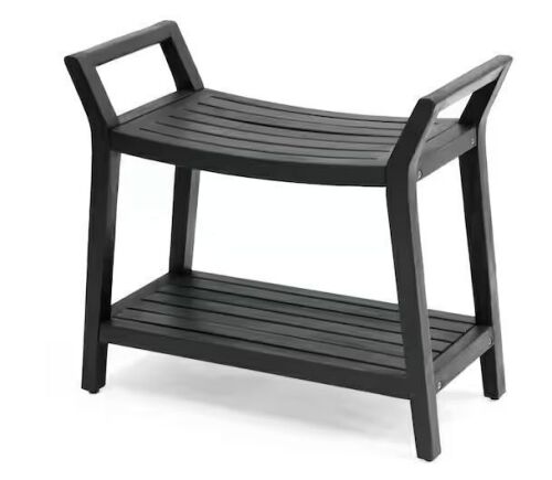 JONATHAN Y Orla 25.59 in. Modern Classic Slatted Solid Acacia Wood Indoor/Outdoor Shower Bench with Shelf and Handle, Black