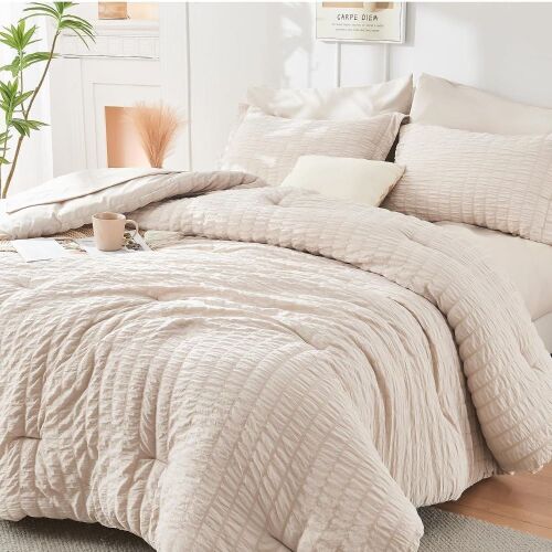 7PCS Bed in a Bag Seersucker Queen Comforter Set, Beige