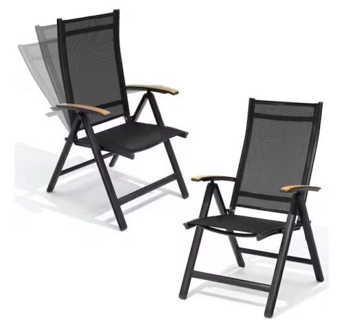 Set of 2 Outdoor Dining Chair with Aluminum Frame Black Textilene Seat Teak Armrests Foldable Chairs Adjustable Backrest