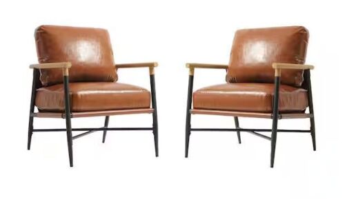 Modern Brown Faux Leather Upholstered Arm Chair with Metal Base, Set of 2
