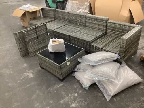 7-Piece Wicker Outdoor Patio Sectional Conversation Seating Set with Gray Cushions - Appears Complete, 1 Corner Sofa Needs Assembled