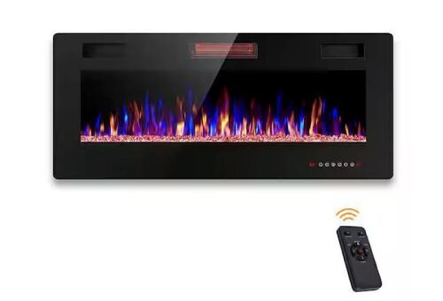 42 in. Wall Mount Low Noise Electric Fireplace with Remote Control and Touch Screen, Multi Color Flame in Black