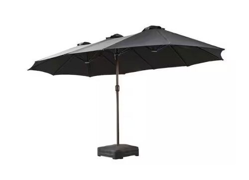 15 ft. x 9 ft. Rectangular Metal Double-sided Market Patio Umbrella with Base and Crank in Dark Gray