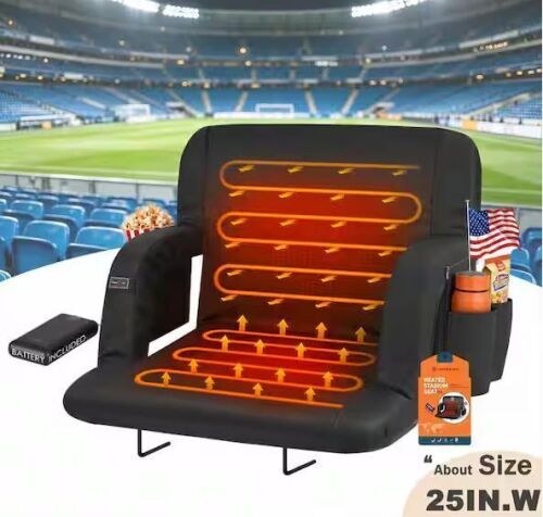 Black 25 in.W Heated Stadium Seat for Bleachers with 20000mAh Power Bank