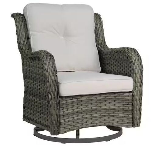 Wicker Rattan Taupe Patio Outdoor Rocking Chair Swivel with Beige Cushions