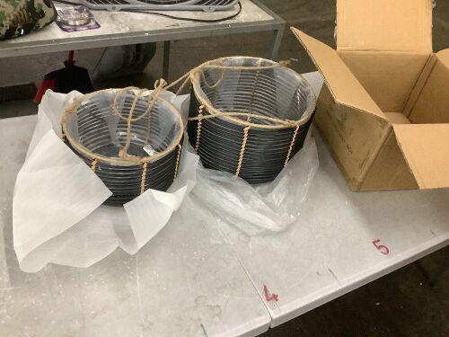 Brown Resin Rattan Hanging Basket Planters with Black Accents, Set of 2
