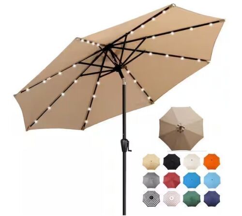 9 ft. Steel Market Solar Lighted 8-Rib Round Patio Umbrella in Taupe