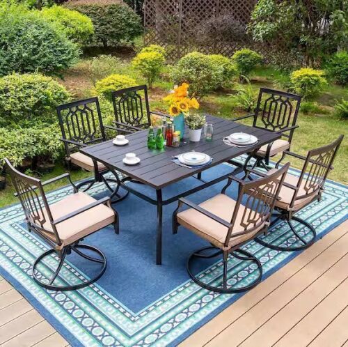Black 7-Piece Metal Patio Outdoor Dining Set with Slat Table and Swivel Chairs with Beige Cushions