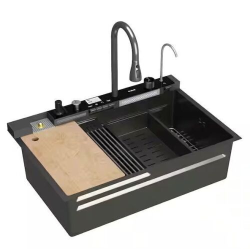 31.5 in. Drop-In Single Bowl Gray 304 Stainless Steel Kitchen Sink Flying Rain Waterfall, Pull-Down Faucet Kitchen Set