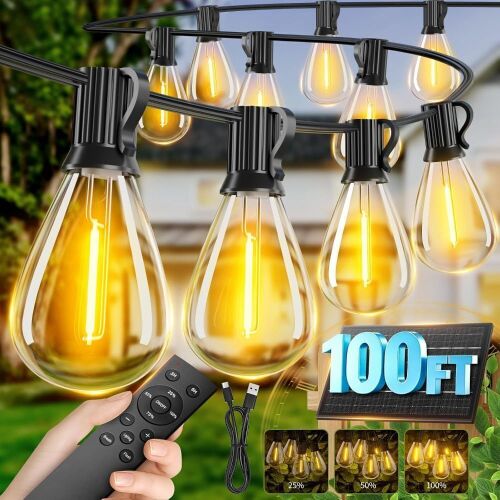 100FT Solar String LED Lights with Remote Control, 3 Light Modes & Dimmable
