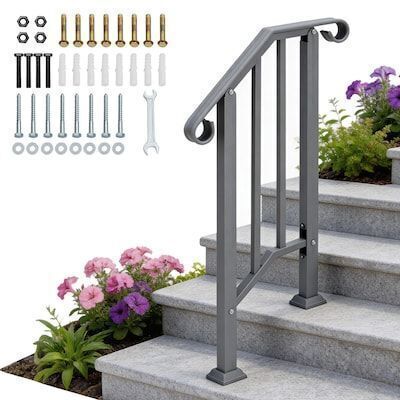 VINGLI 1 to 2 Steps Wrought Iron Hand Rail Stair Railing Kit for Concrete Porch Wooden Steps Gray