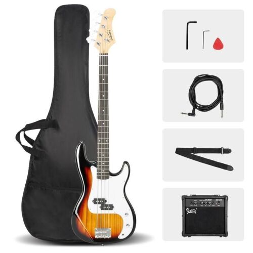Full Size Electric Bass Guitar Beginner Kit 4 String Exquisite Basswood Bass with 20W AMP, Cable, Strap, Bag