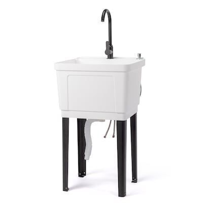 VINGLI 19.7L x 18.9W x 33.1H 21-Gallon Plastic Utility Sink with Hot and Cold Faucet Soap Dispenser Drain Plug White