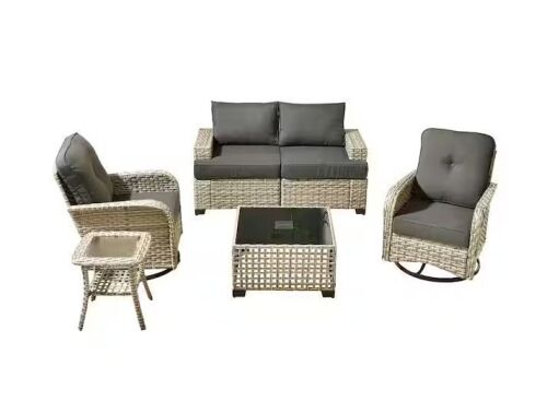 6-Piece Wicker Patio Conversation Seating Set - Missing 1 Swivel Chair Base