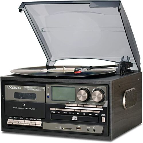 LoopTone Vinyl Record Player 9 in 1 3 Speed Bluetooth Vintage Turntable CD Cassette Player AM/FM Radio USB Recorder Aux-in RCA Line-Out