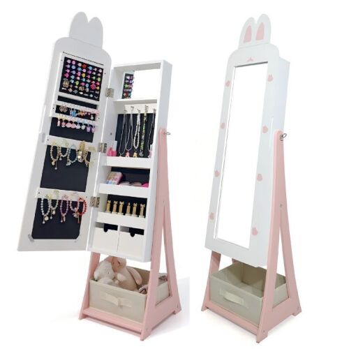 Kids 43.5" Standing Jewelry Organizer with Full Length Mirror & Fabric Drawer, White