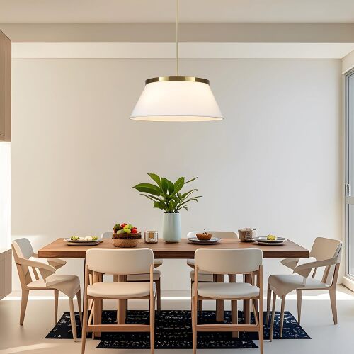 17.7" Modern Gold Drum 4‑Light Chandelier for Living Dining Room Large Pendant Light , White Fabric Shade, Adjustable Hanging for Kitchen Island Bedroom Entry Hallway Foyer, E12