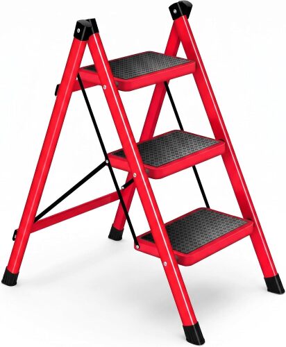 3 Step Ladder Aluminum 330 lb, Folding Step Stool for Adults