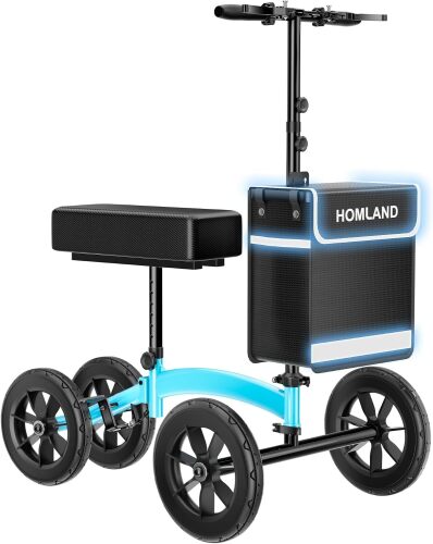 HOMLAND Knee Scooter Walker for Adults for Foot Injuries, 8'' Rubber Wheel 300lbs Foldable Leg Scooter, Dual Brake, Cozy Knee Pad, Adjustable Height, Storage Bag, Crutch Alternative for Ankle Recovery