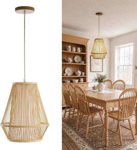 12" Boho Pendant Light, Bamboo Basket Hanging Lamp Adjustable Height, E26 Base, Perfect for Kitchen Islands, Dining Rooms, Bedrooms, Entryways